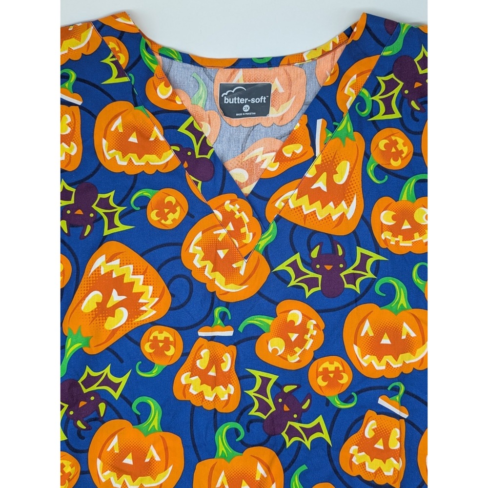 Butter-Soft Halloween Scrub Top Size 3XL Pumpkins Pockets‎ Blue & Orange V-neck